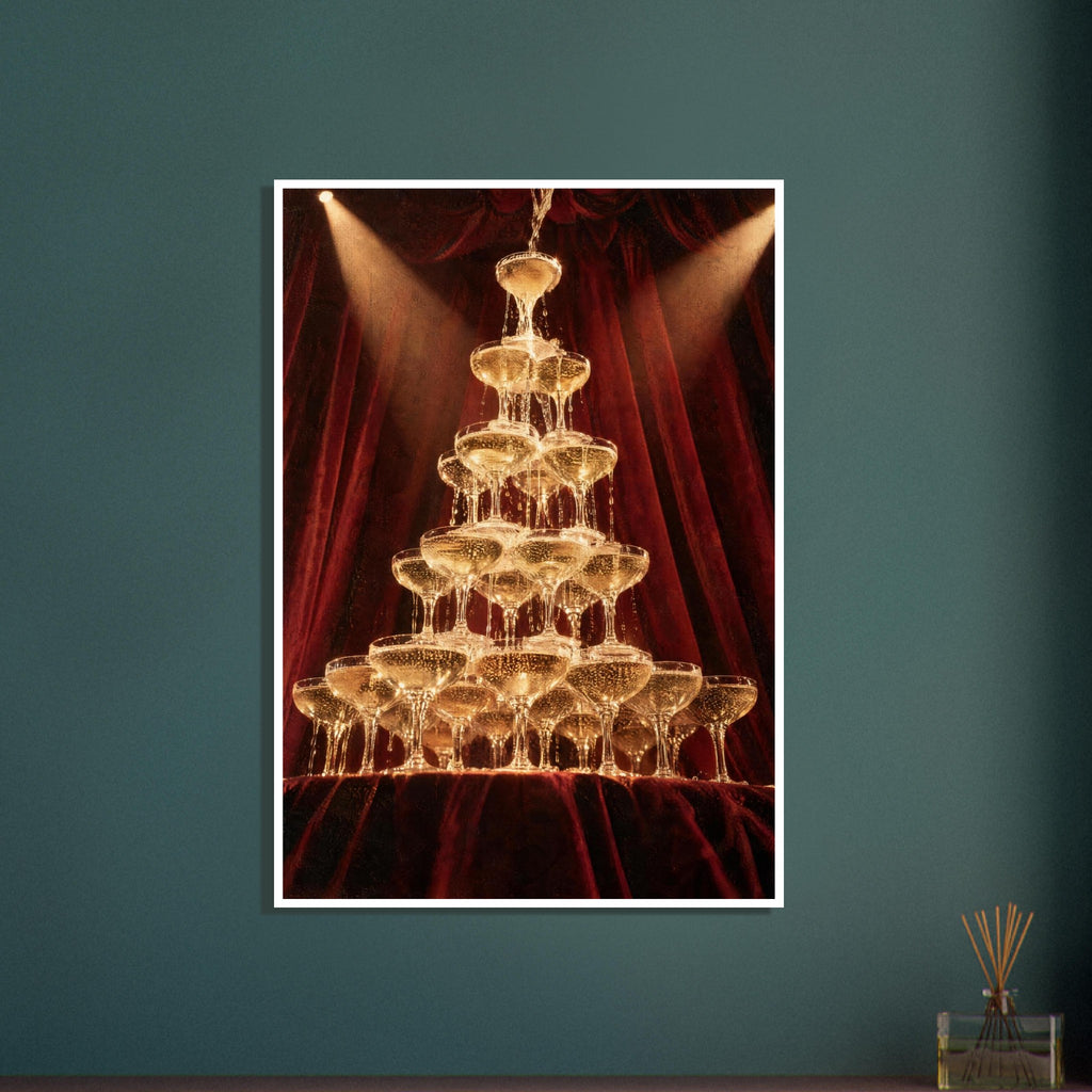 Champagne cascading down a tower of coupe glasses, lit by warm spotlights against deep burgundy curtains.