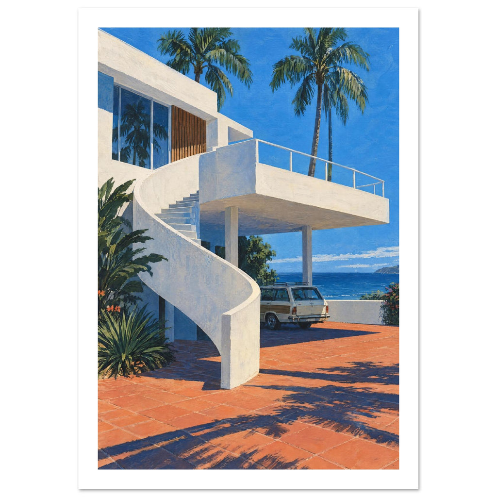 White coastal villa with a curved staircase, palm trees, a parked estate car and terracotta paving beside blue sea.