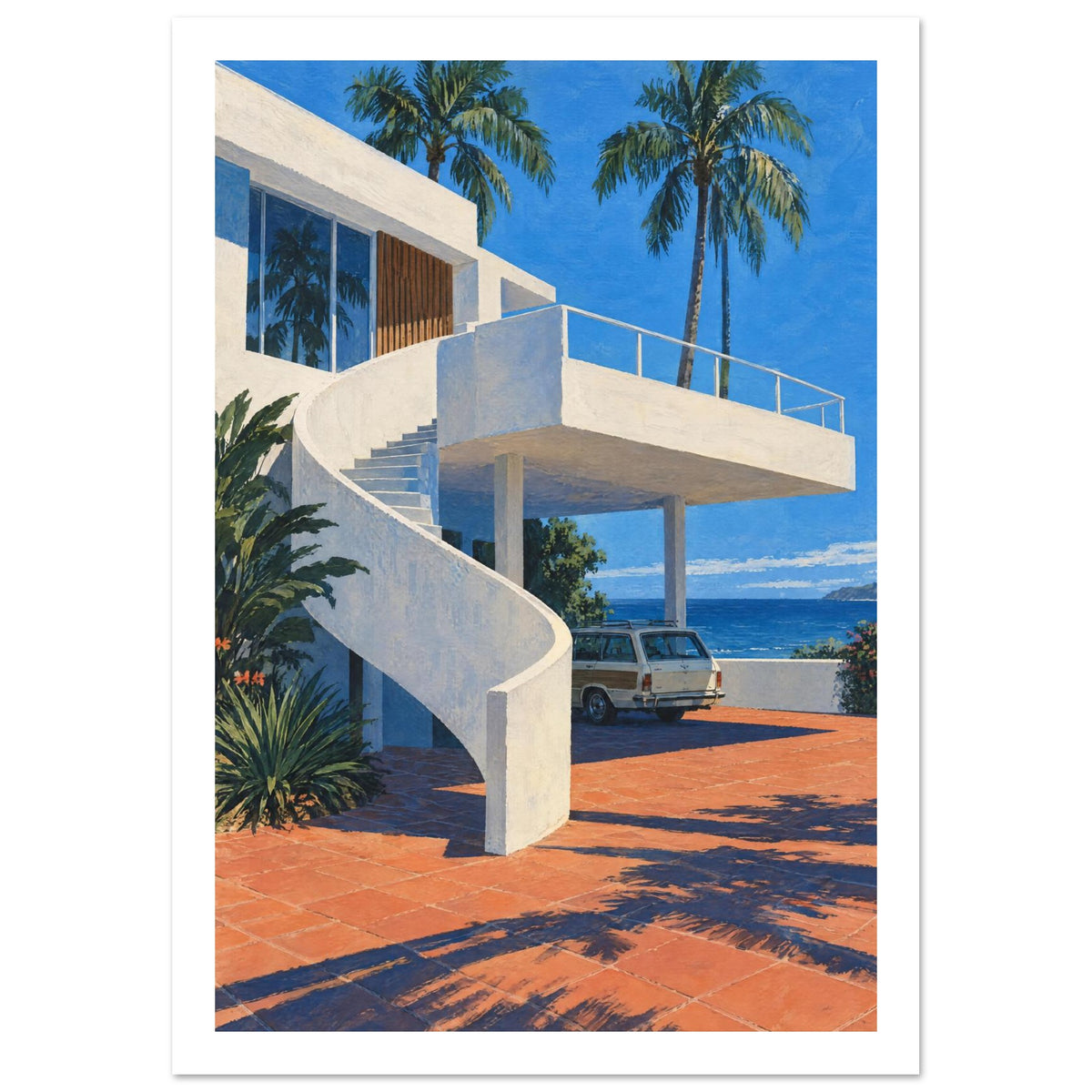 White coastal villa with a curved staircase, palm trees, a parked estate car and terracotta paving beside blue sea.