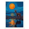 Striped okapi on a rocky shore beneath an orange sun, with blue water, bold reflections and swirling painted textures.