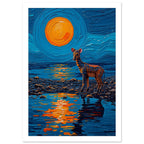 Striped okapi on a rocky shore beneath an orange sun, with blue water, bold reflections and swirling painted textures.