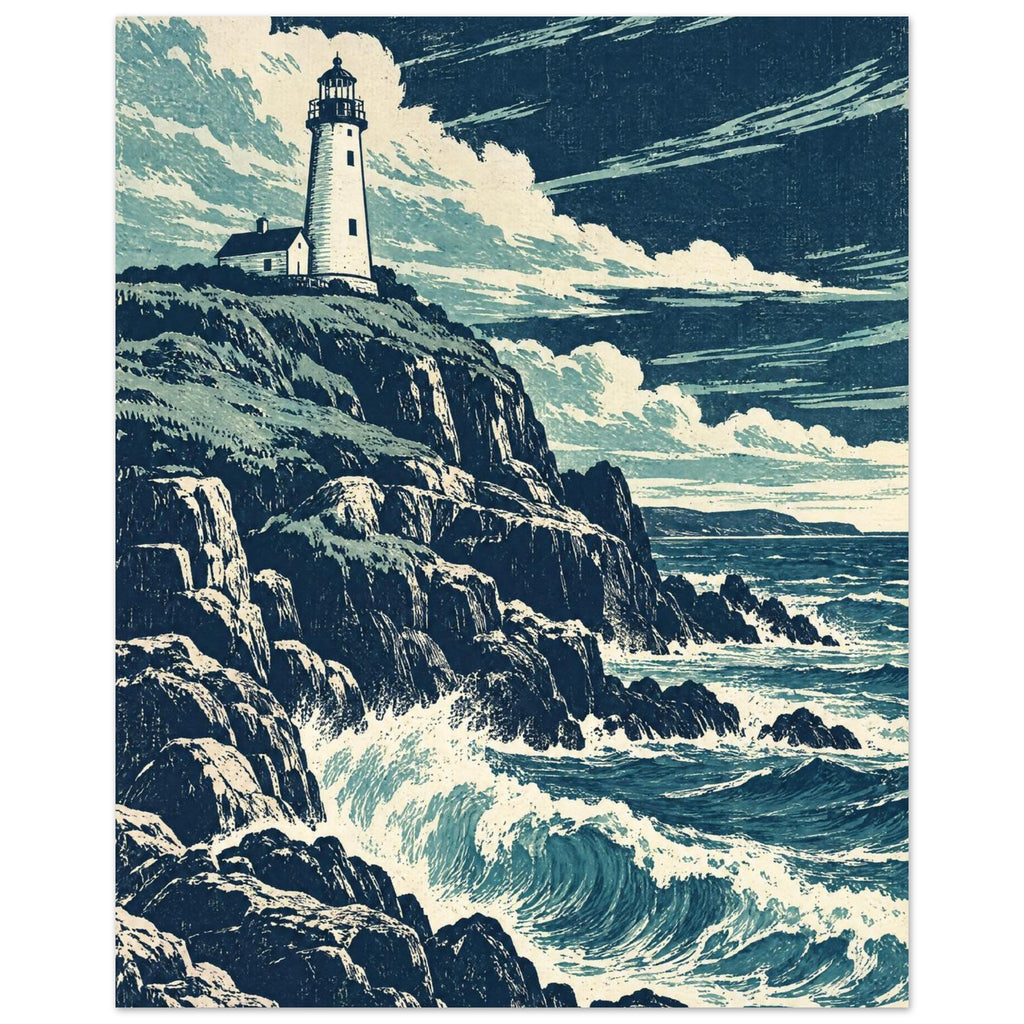 Lighthouse on rugged cliffs above breaking blue waves, beneath sweeping cream clouds in a textured navy sky.