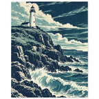 Lighthouse on rugged cliffs above breaking blue waves, beneath sweeping cream clouds in a textured navy sky.