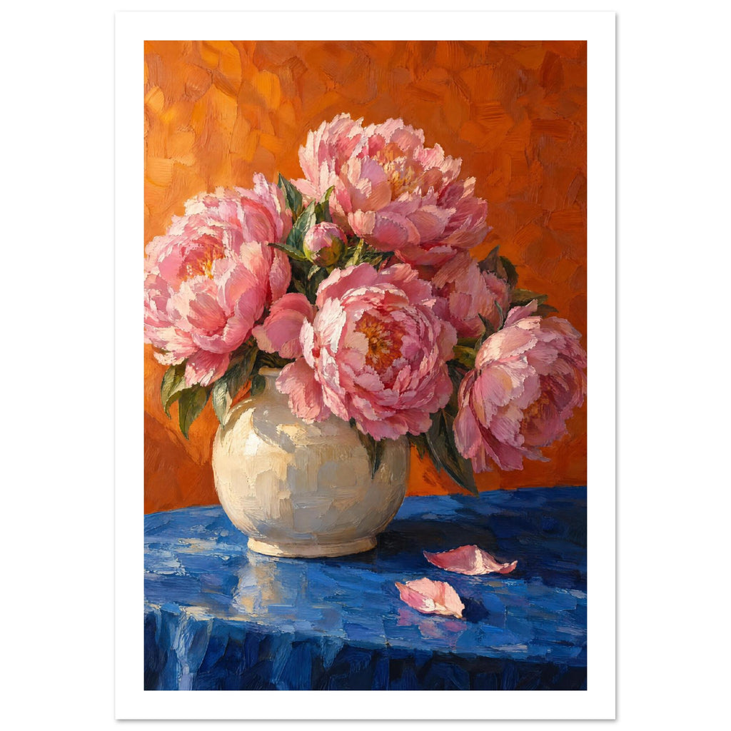 Pink peonies in a cream vase on a blue tabletop, with two fallen petals and an orange background, painted in broad strokes.