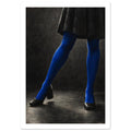 Cobalt Stockings, cropped legs in blue tights and black shoes forming an angular pose against a charcoal studio background.
