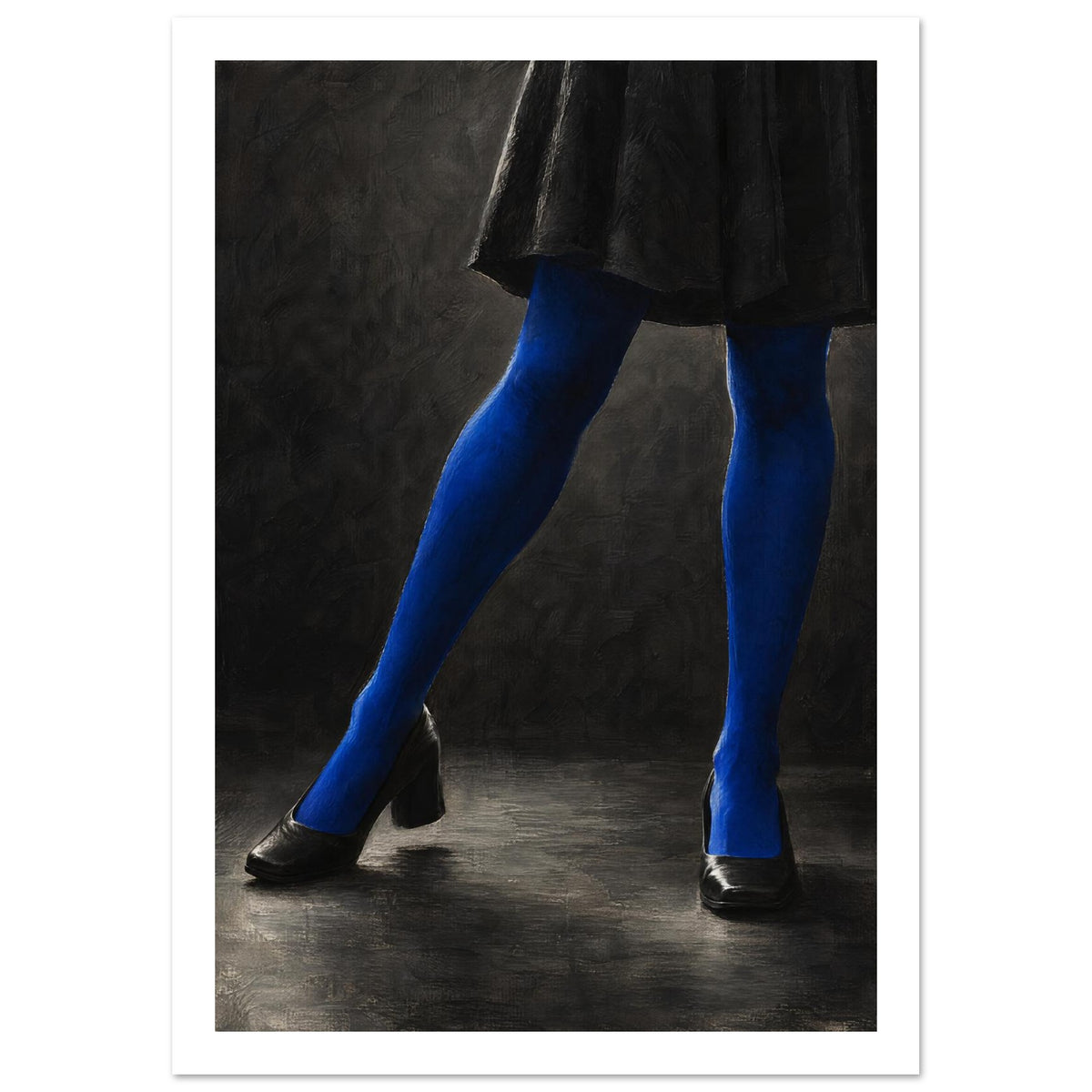 Cobalt Stockings, cropped legs in blue tights and black shoes forming an angular pose against a charcoal studio background.