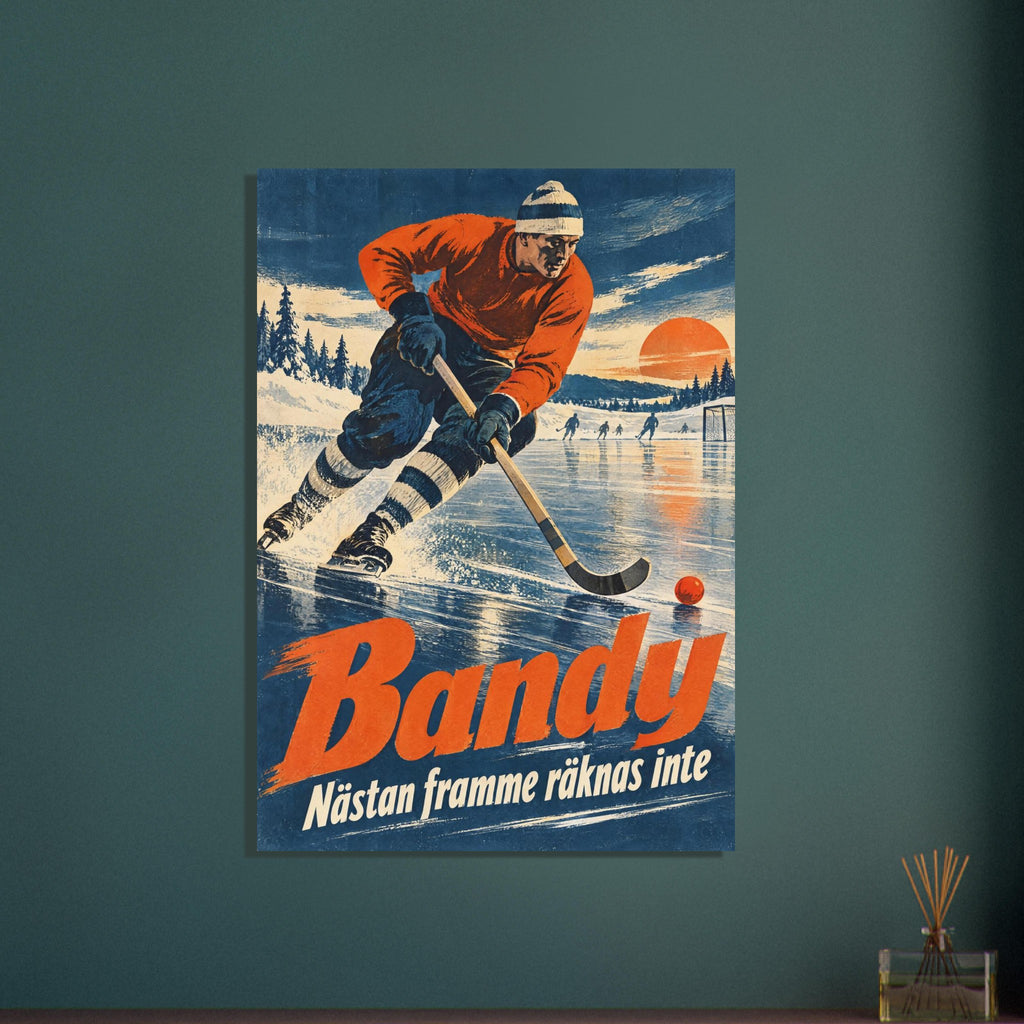 Bandyspelare i blå kläder lutar sig fram över isen med klubban mot bollen och texten Nästan framme räknas inte.