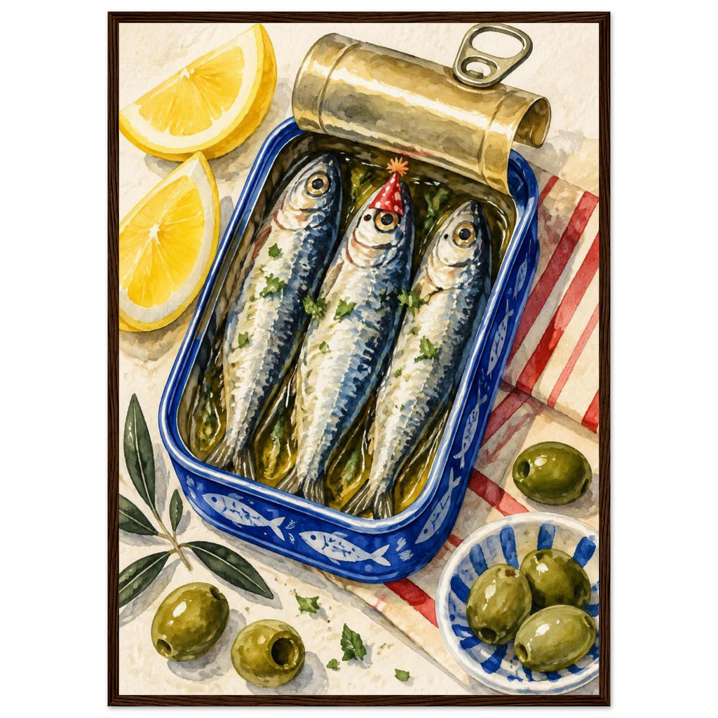 Three sardines in an open blue tin, one wearing a red party hat, surrounded by lemon wedges, olives and striped cloth.
