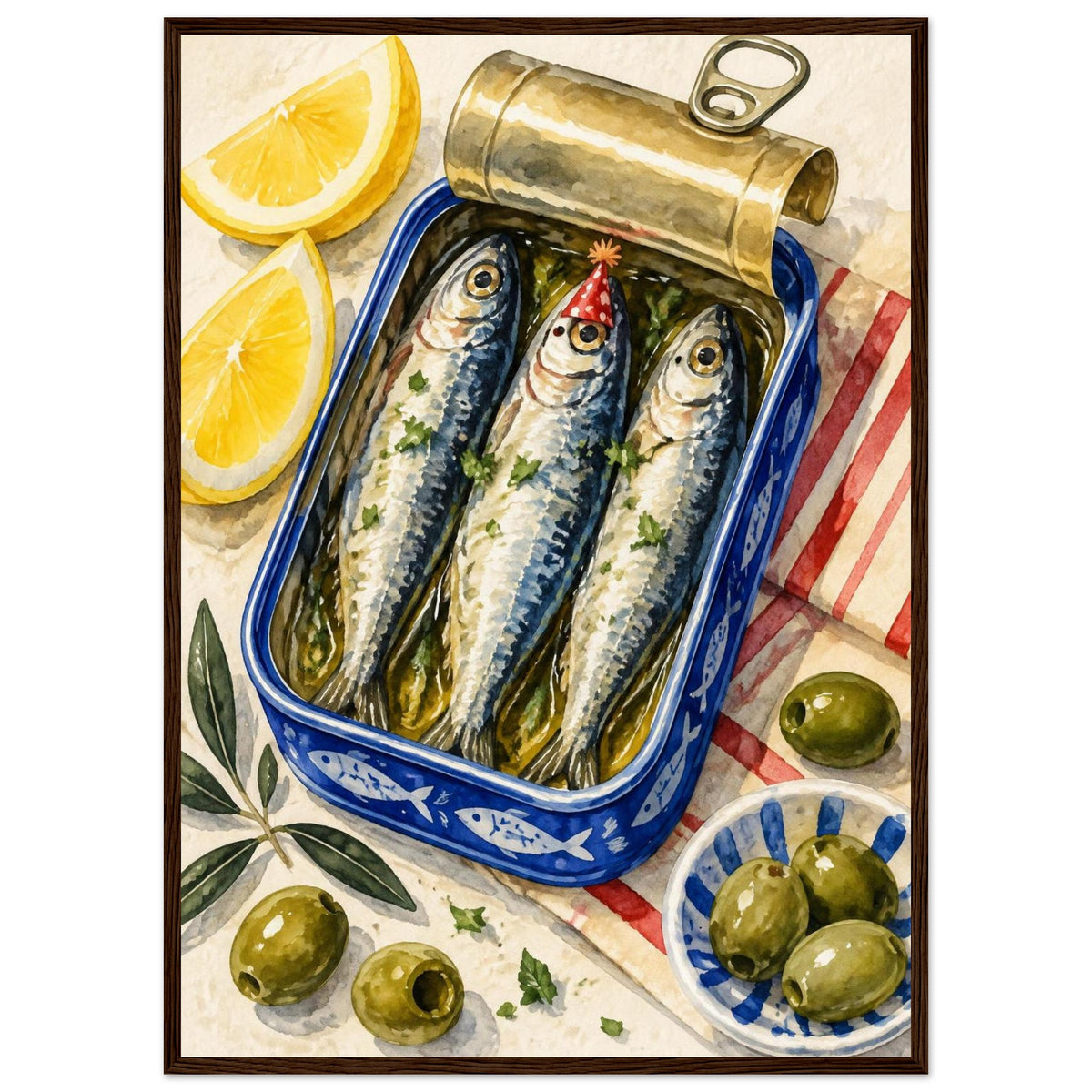 Three sardines in an open blue tin, one wearing a red party hat, surrounded by lemon wedges, olives and striped cloth.