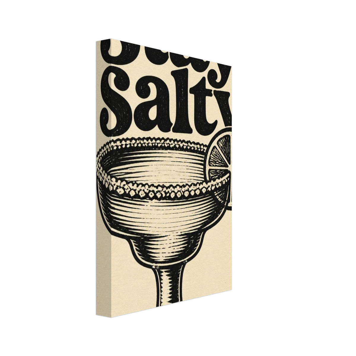 Stay Salty lettering above a salt-rimmed cocktail glass with a citrus slice, drawn in textured black on cream.
