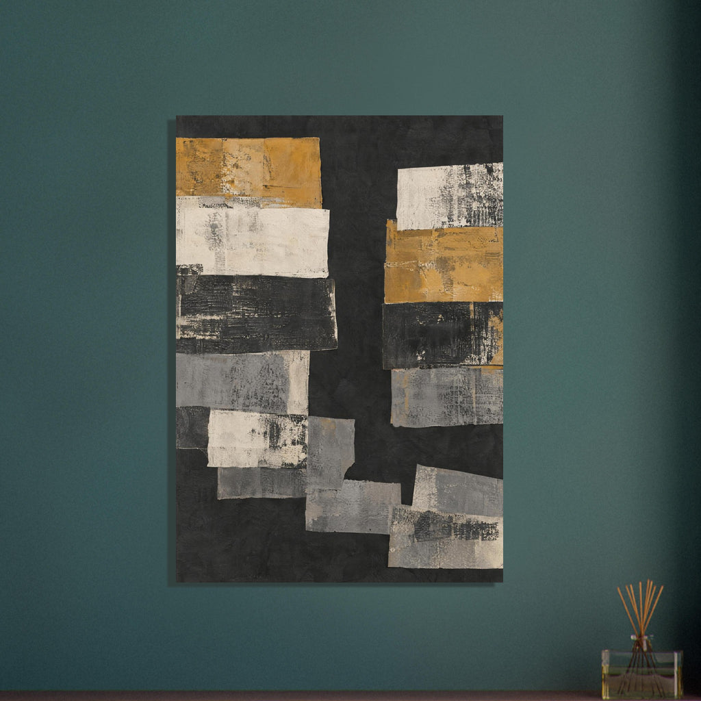 Overlapping ochre, cream and grey rectangular blocks with distressed markings on a charcoal background.