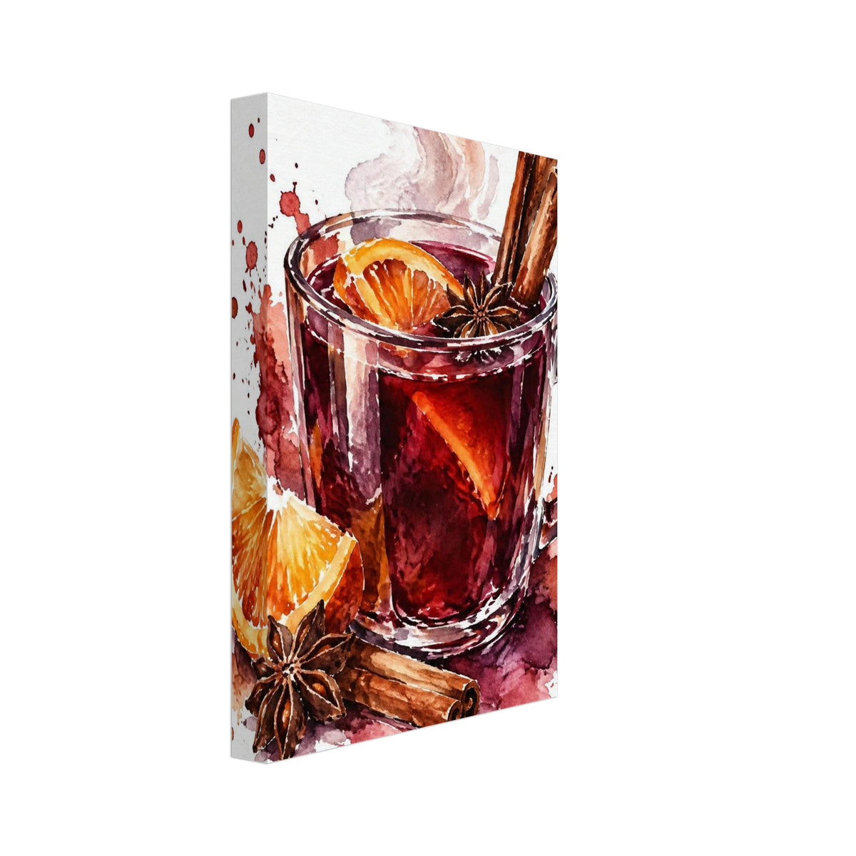Steaming glass mug of red mulled wine with orange slices, cinnamon sticks and star anise, painted in watercolour.