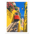 Red funicular on steep tracks between yellow walls, with pink flowers, blue sky and water beyond tiled rooftops.
