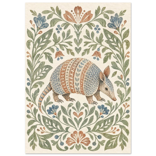 Patterned armadillo surrounded by green leaves and muted blue and terracotta flowers on a cream background.