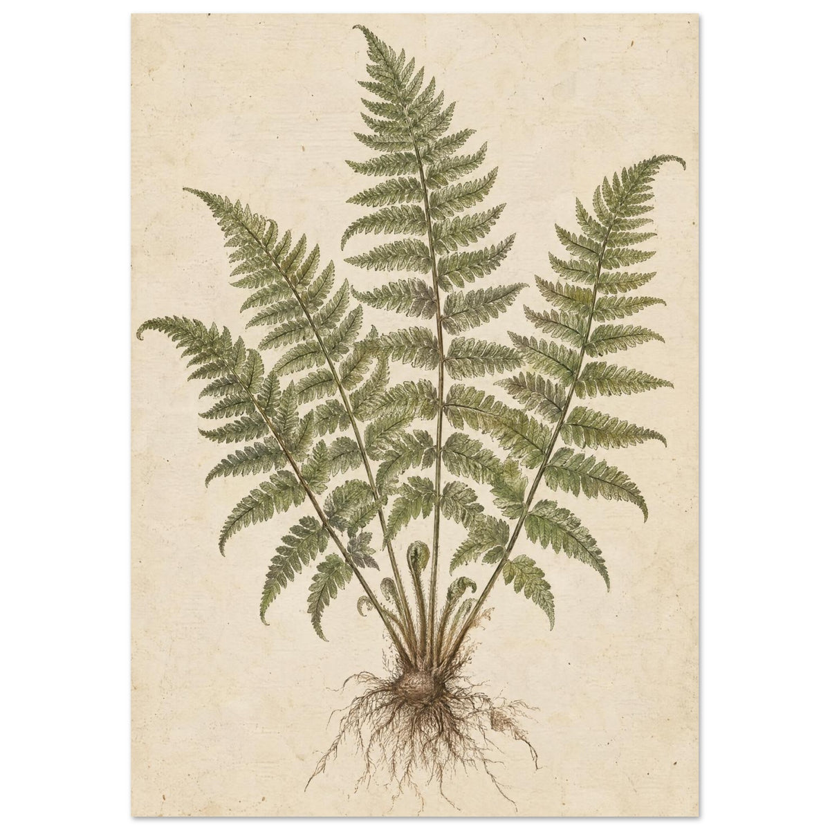 Fern with olive-green fronds, curled new shoots and exposed brown roots on a mottled cream background.