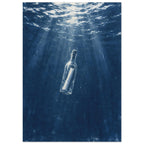 Corked glass bottle containing rolled paper beneath a rippling blue water surface, with light rays and bubbles.