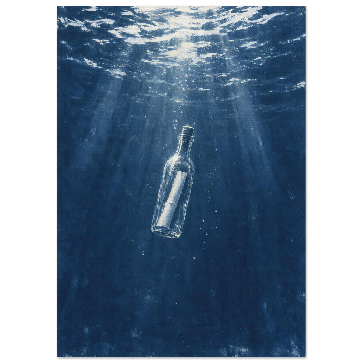 Corked glass bottle containing rolled paper beneath a rippling blue water surface, with light rays and bubbles.