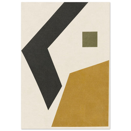 Charcoal angular band, ochre polygon and small olive square on a textured cream background.