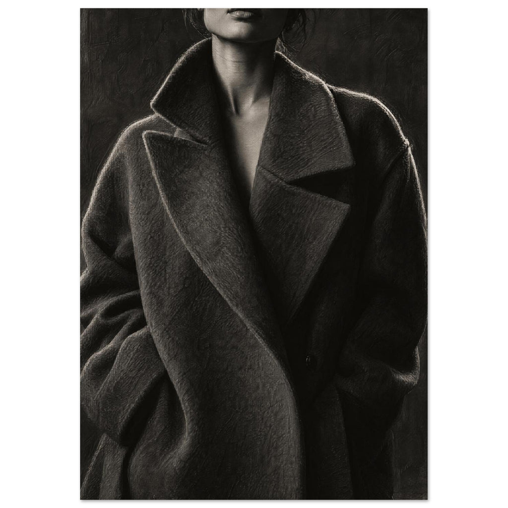 The Oversized Lapel, a chin-to-hip photograph of a model in a wool coat with a brightly outlined shoulder against charcoal sh