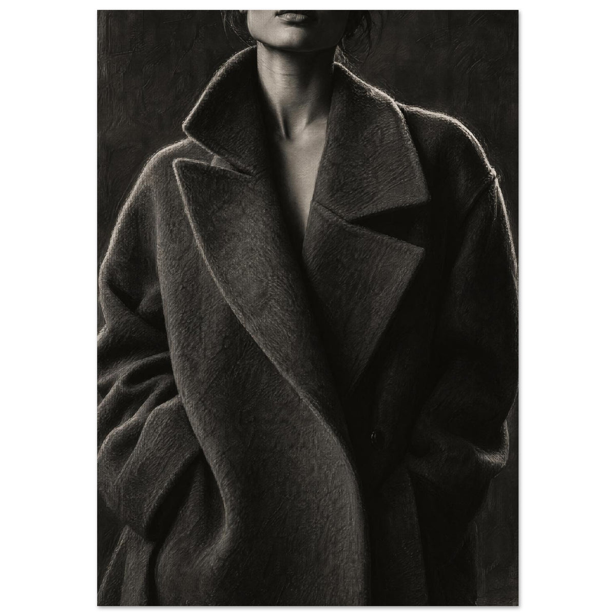 The Oversized Lapel, a chin-to-hip photograph of a model in a wool coat with a brightly outlined shoulder against charcoal sh