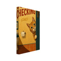 Ginger cat peeking around a teal bathroom door with the words ‘Just Checking’ and ‘You’re Still In Here’.