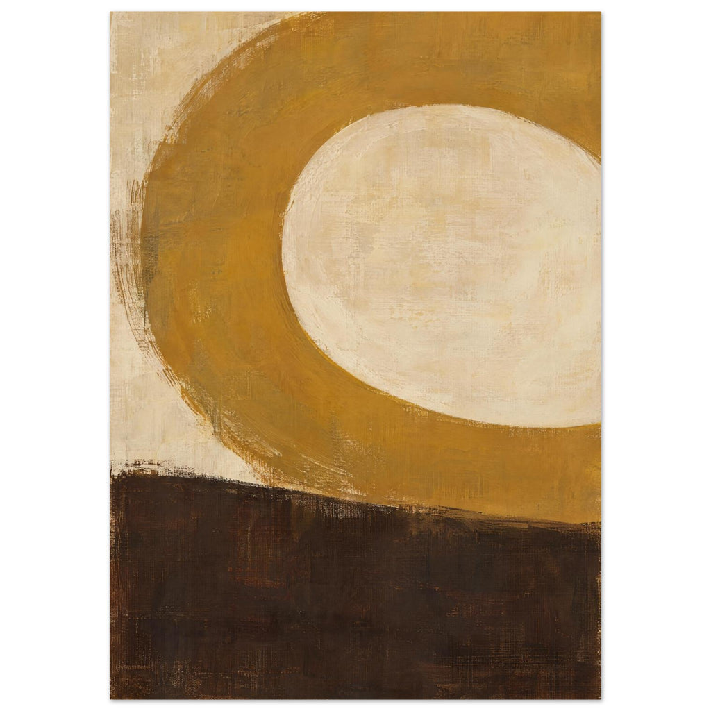 Broad ochre curve surrounding a rounded cream centre above a deep brown block, with visible brush marks throughout.