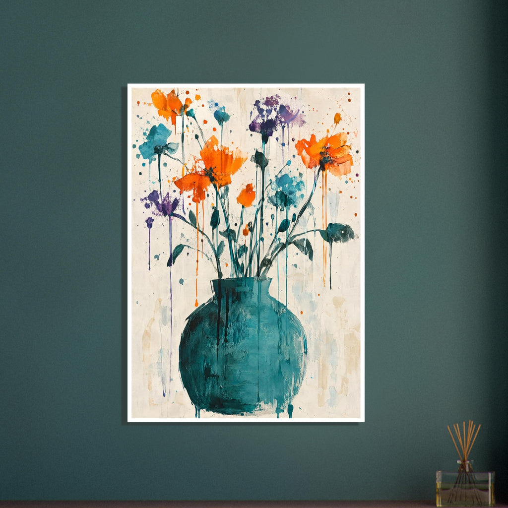 Orange, purple and teal flowers in a rounded teal vase, with paint splashes and drips on a cream background.