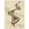 Floating stone staircase winding through pale clouds, with arched openings and trailing greenery on a cream background.