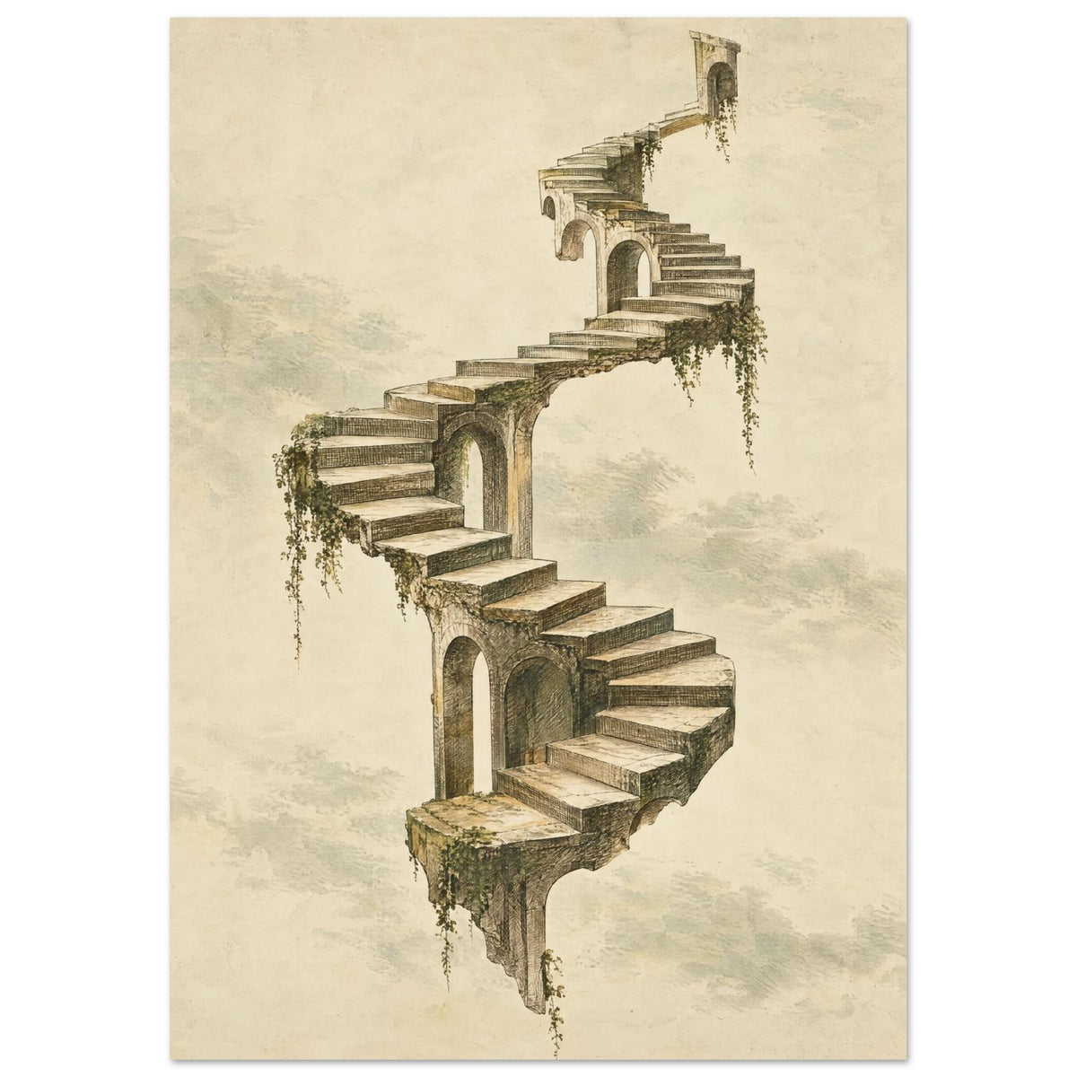 Floating stone staircase winding through pale clouds, with arched openings and trailing greenery on a cream background.