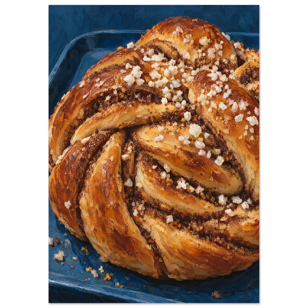 Twisted golden brown cinnamon bun topped with coarse white sugar on a deep blue tray, rendered with textured brushwork.