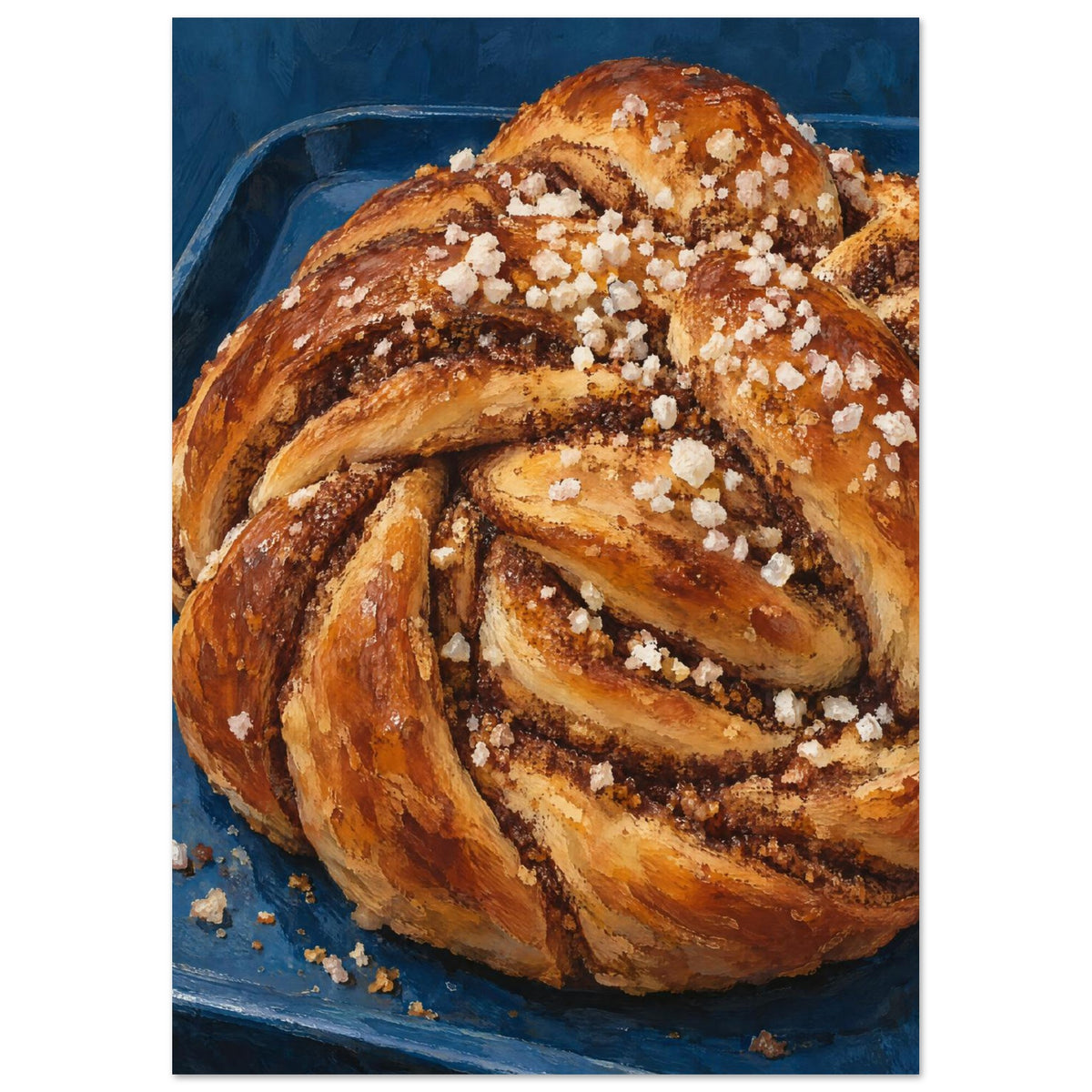 Twisted golden brown cinnamon bun topped with coarse white sugar on a deep blue tray, rendered with textured brushwork.
