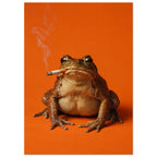 Brown toad facing forwards with a cigarette in its mouth and smoke curling upwards against a bright orange background.