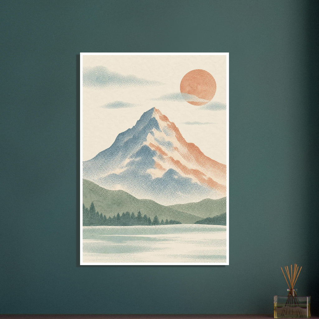 Dotted mountain in blue and terracotta beneath an orange sun, with pale clouds, green foothills and trees on cream.