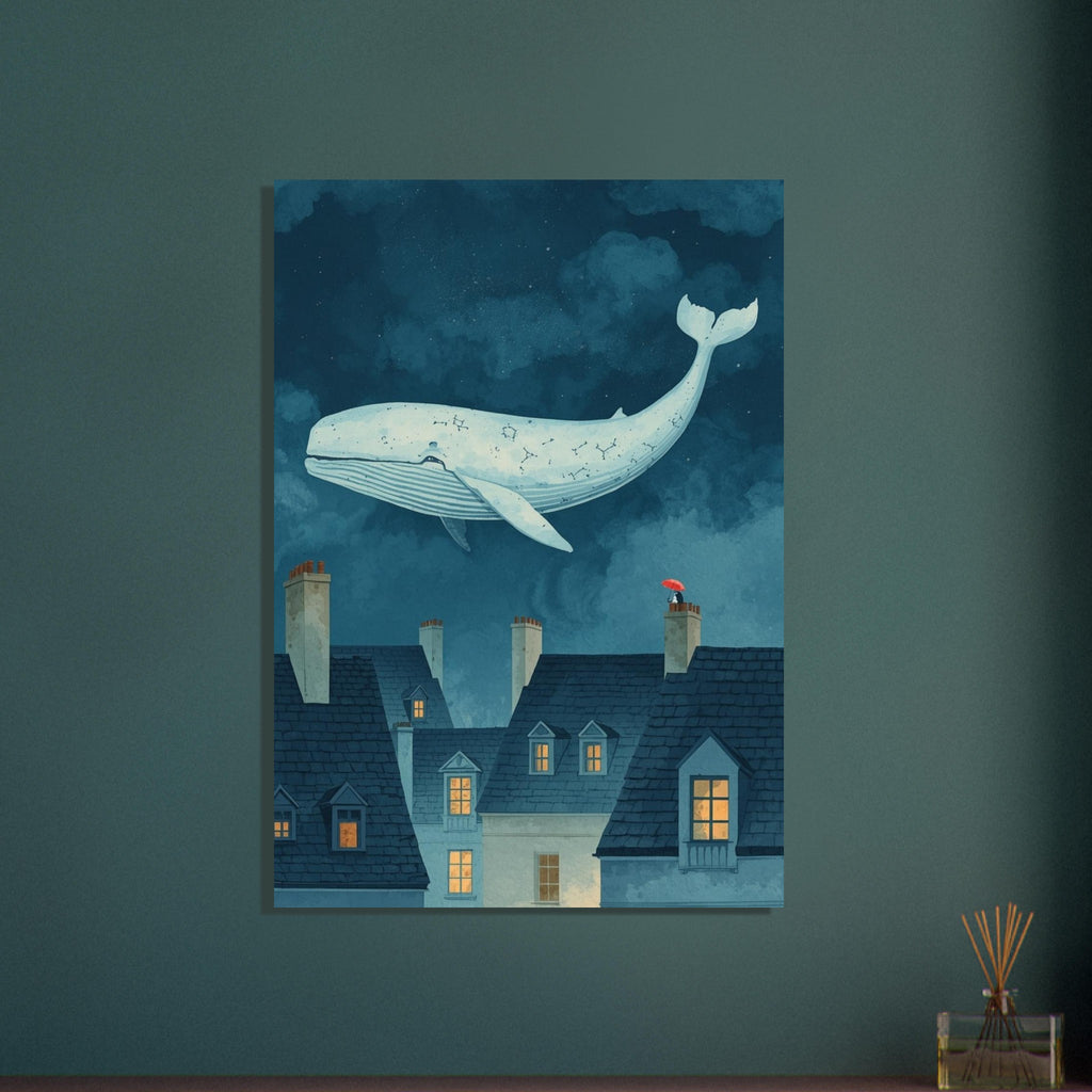 Pale whale floating above blue rooftops with glowing windows and a tiny figure holding a red umbrella on a chimney.