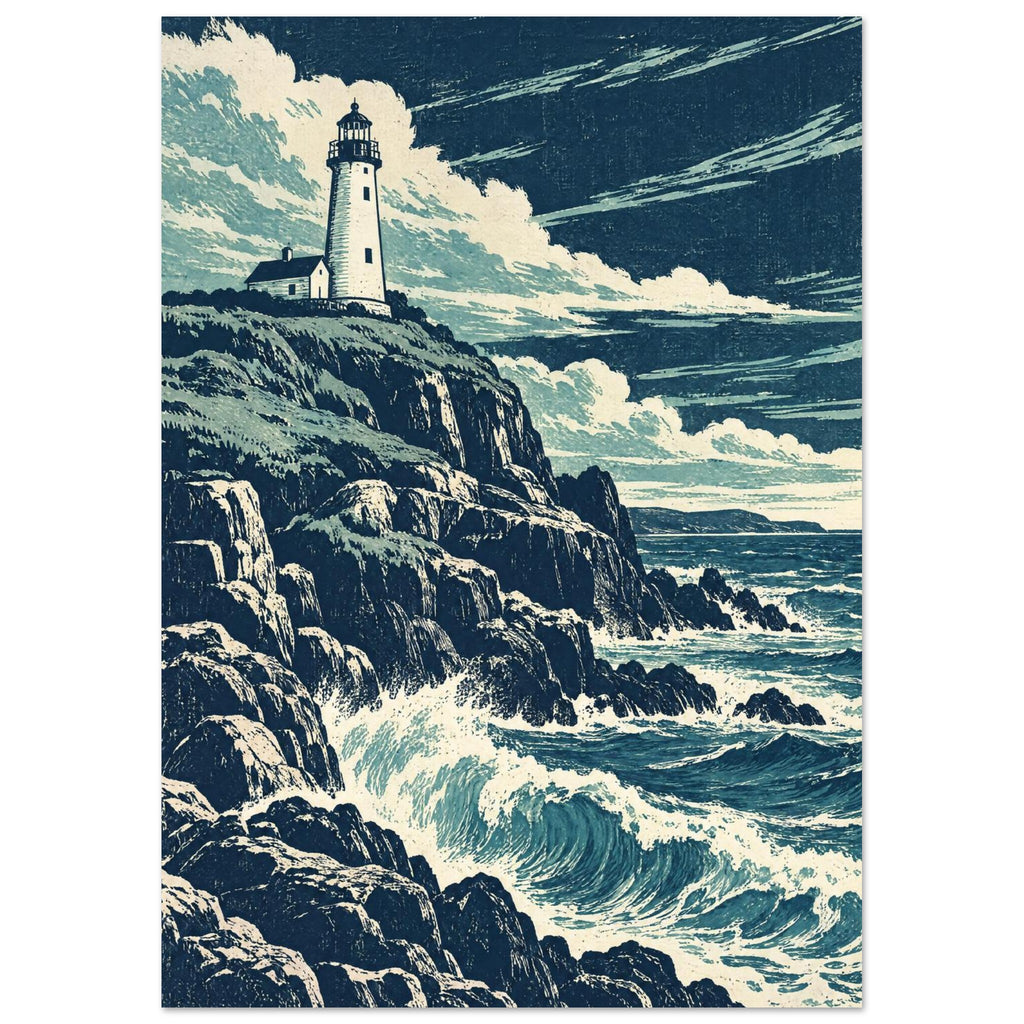 Lighthouse on rugged cliffs above breaking blue waves, beneath sweeping cream clouds in a textured navy sky.