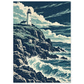 Lighthouse on rugged cliffs above breaking blue waves, beneath sweeping cream clouds in a textured navy sky.