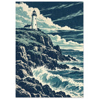 Lighthouse on rugged cliffs above breaking blue waves, beneath sweeping cream clouds in a textured navy sky.