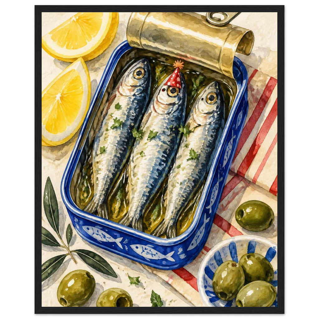 Three sardines in an open blue tin, one wearing a red party hat, surrounded by lemon wedges, olives and striped cloth.