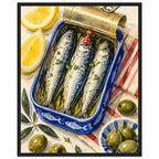Three sardines in an open blue tin, one wearing a red party hat, surrounded by lemon wedges, olives and striped cloth.