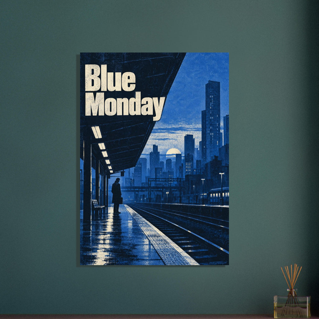 Blue Monday lettering above a blue city skyline, with a lone figure on a wet railway platform beside tracks and a train.
