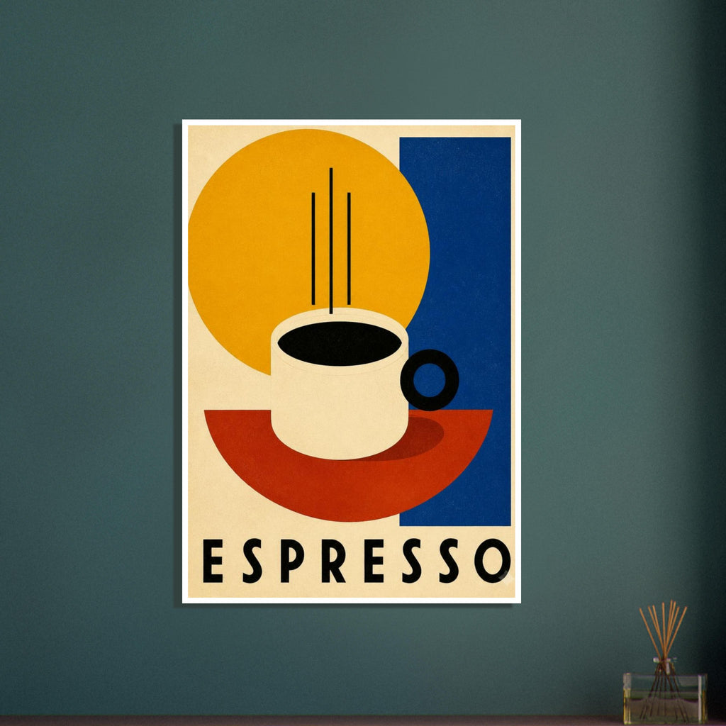 Cream espresso cup with black coffee, linear steam, yellow, blue and red geometric shapes, and bold ESPRESSO lettering.