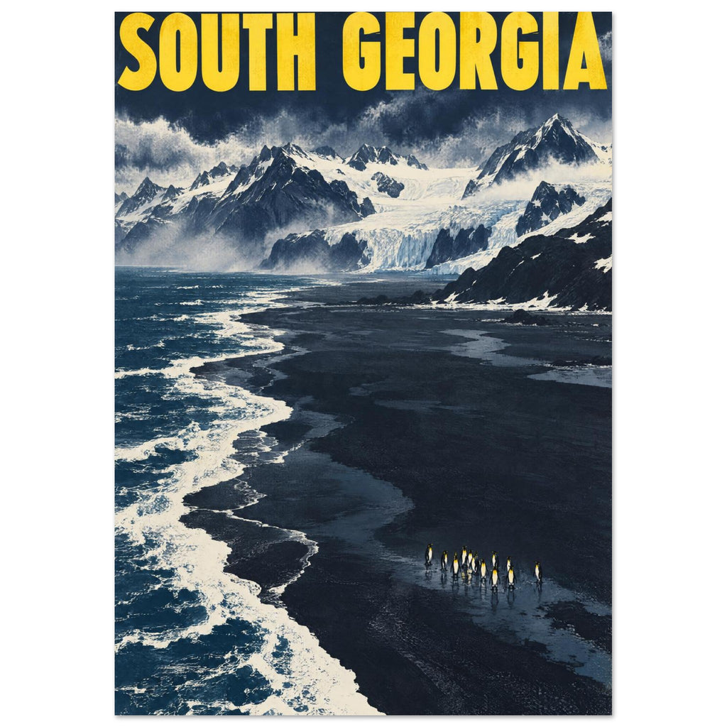 South Georgia poster with yellow lettering above snowy mountains, a glacier, dark beach, white surf and small penguins.