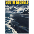 South Georgia poster with yellow lettering above snowy mountains, a glacier, dark beach, white surf and small penguins.
