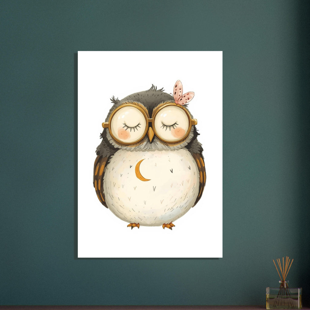 Sleepy grey and cream owl wearing golden glasses, with a crescent moon on its belly and a pink butterfly above one lens.