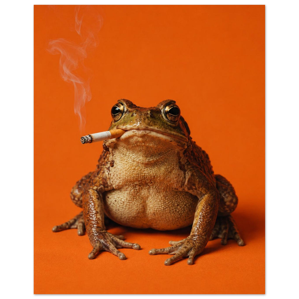 Brown toad facing forwards with a cigarette in its mouth and smoke curling upwards against a bright orange background.