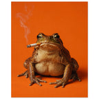 Brown toad facing forwards with a cigarette in its mouth and smoke curling upwards against a bright orange background.
