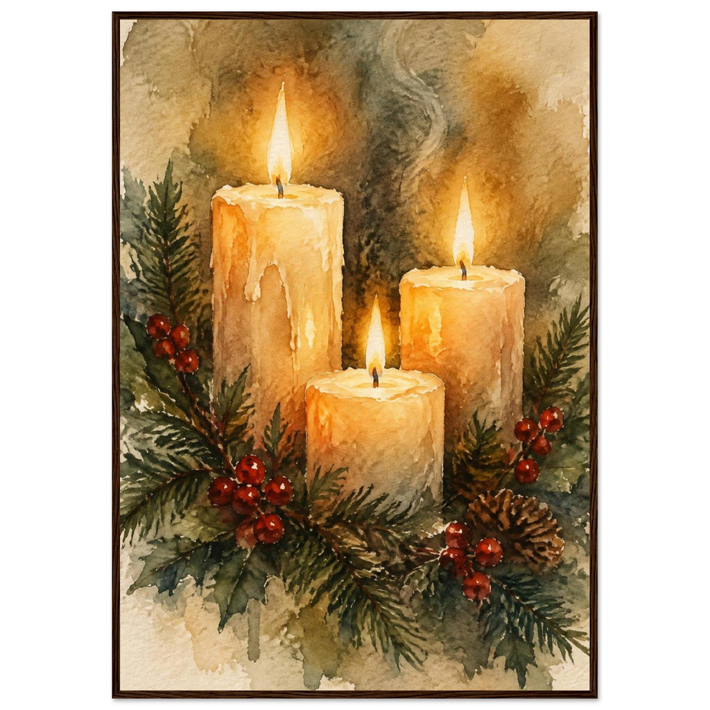 Watercolour painting of three lit advent candles with spruce sprigs and red berries