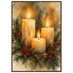 Watercolour painting of three lit advent candles with spruce sprigs and red berries
