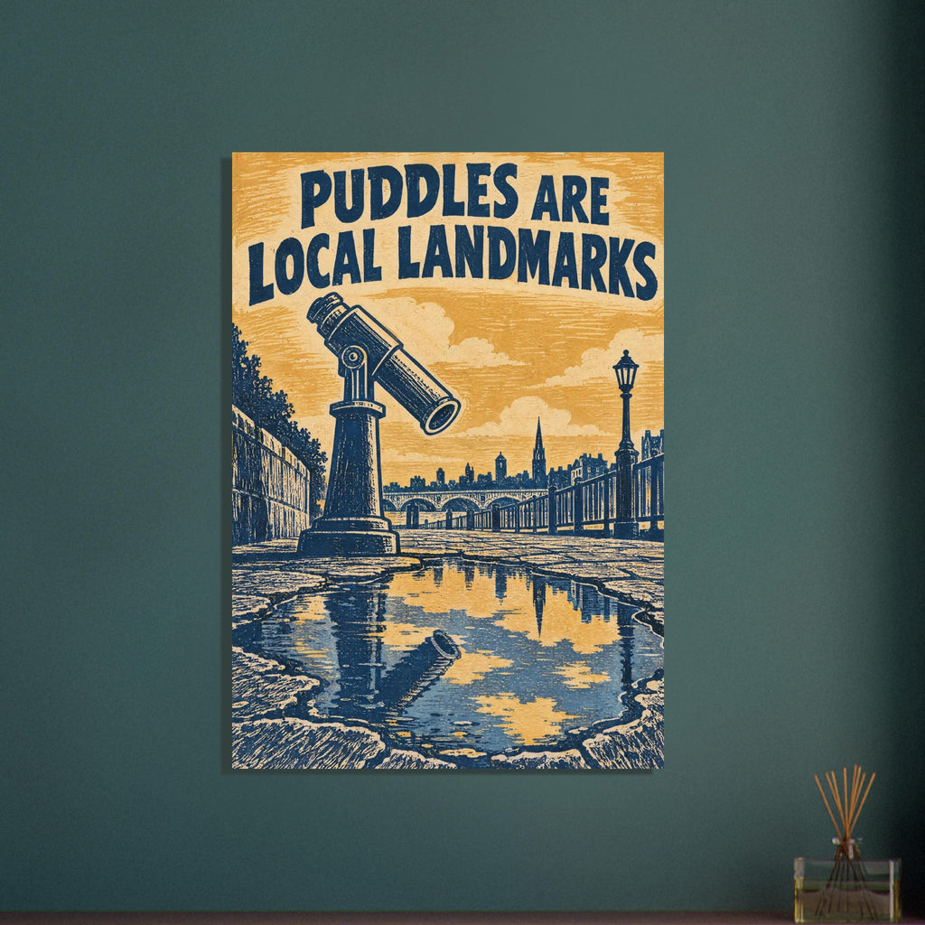 Viewing telescope beside a puddle reflecting a city skyline, with navy text reading “Puddles Are Local Landmarks”.