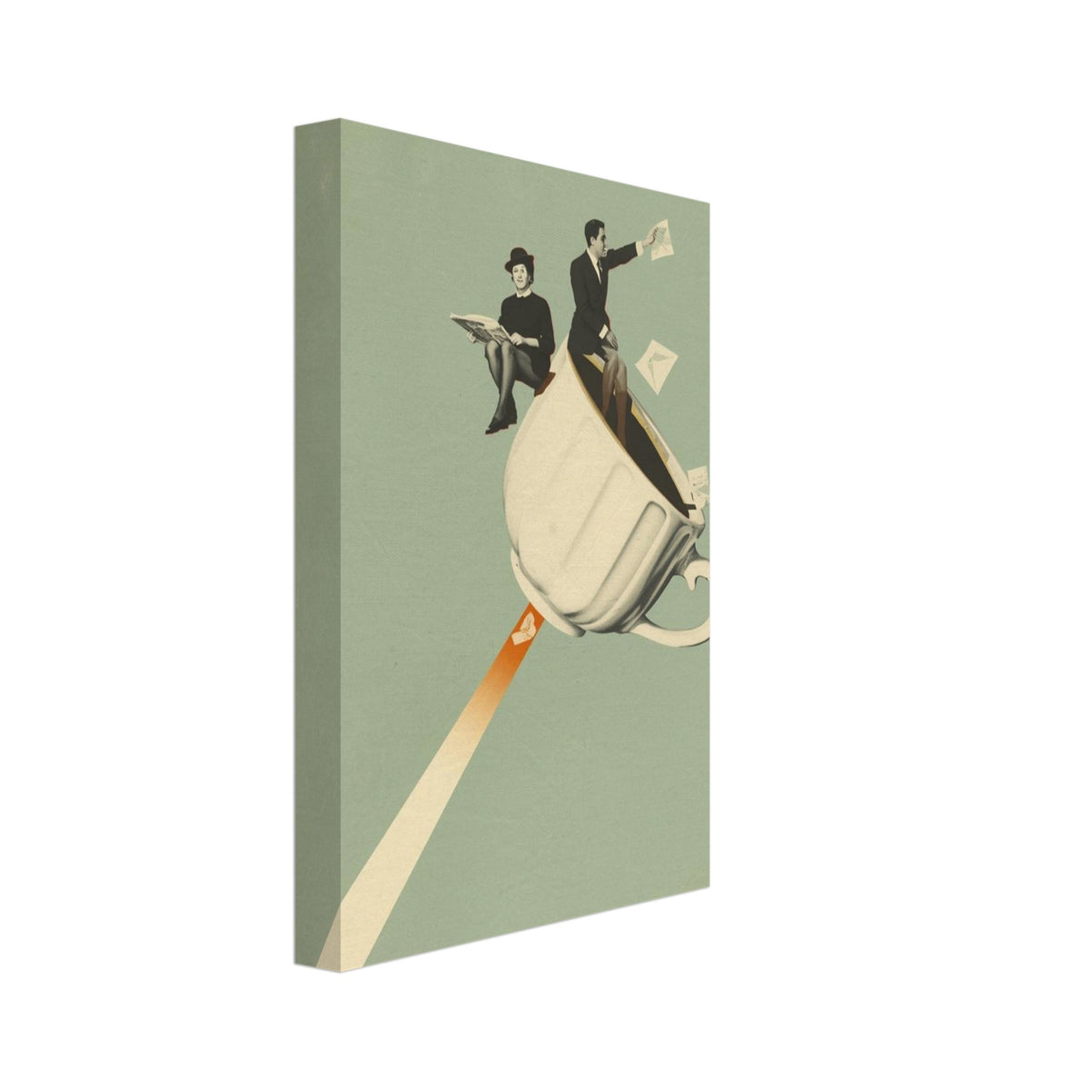 Two figures perched on a flying cream teacup with floating envelopes and a diagonal trail against sage green.